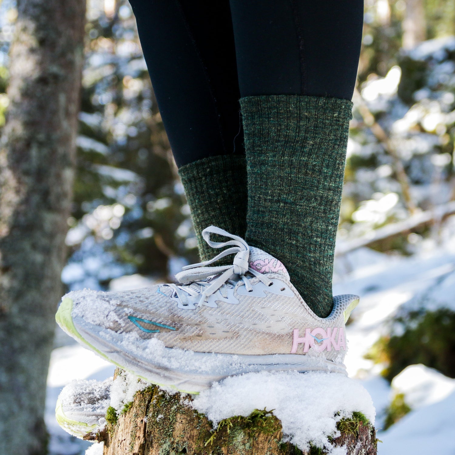 Person wearing hiking shoes and socks standing on a snow-covered log in a forest.