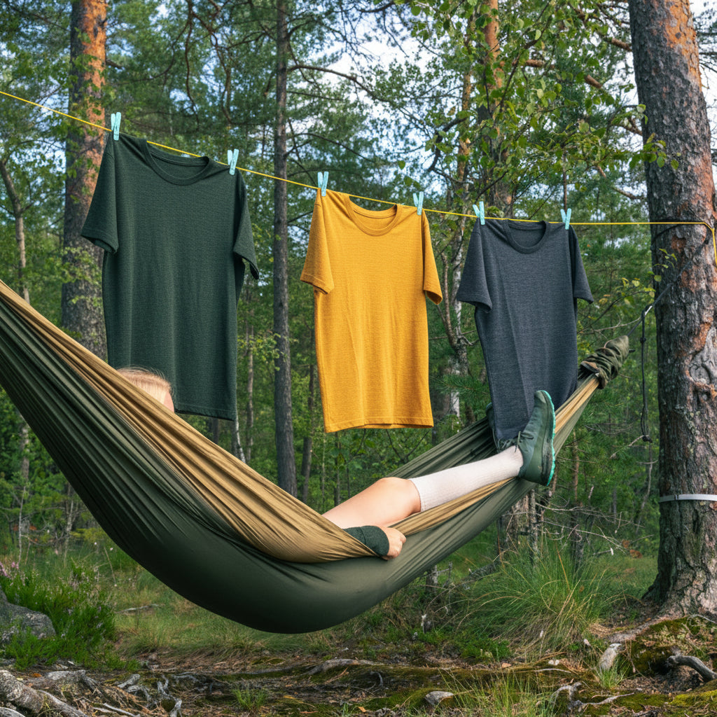 Person lying in a hammock with alpaca tee shirts hanging above in a forest setting