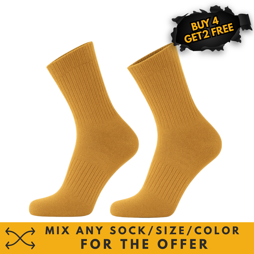 Helle 68 yellow socks on a black background with a sale offer on top and a sale element on bottom.