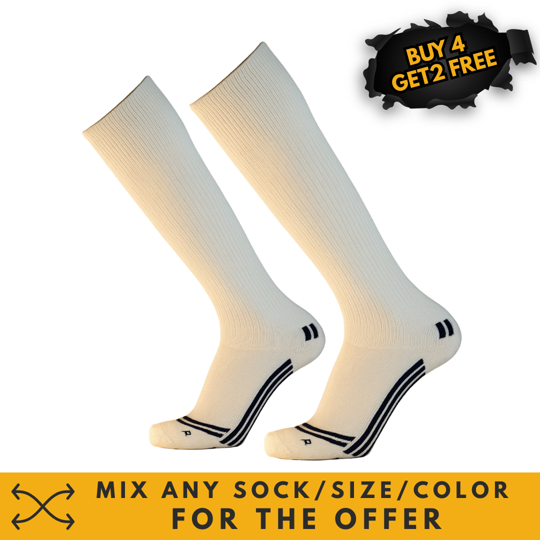 Honka 45 white compression socks on a black background with a sale offer on top and a sale element on bottom.