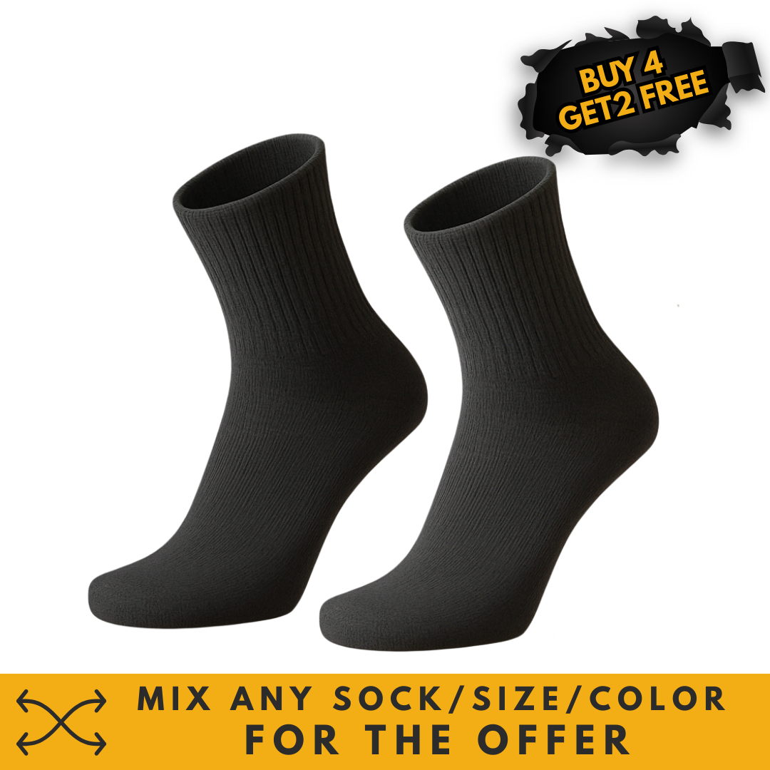 Multi 59 black socks on a black background with a sale offer on top and a sale element on bottom.