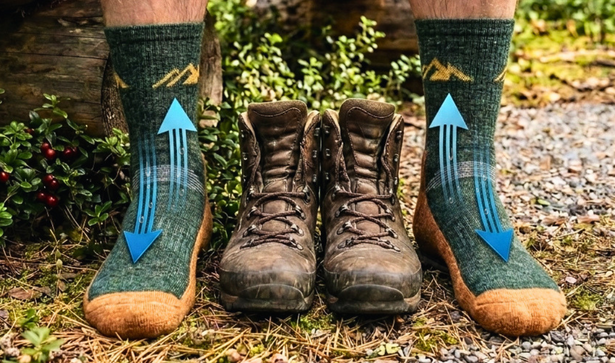 A person sitting outdoors on a log in a forest setting, wearing dark green heathered socks with a yellow mountain graphic and blue upward arrows, paired with brown hiking boots on a gravel path.