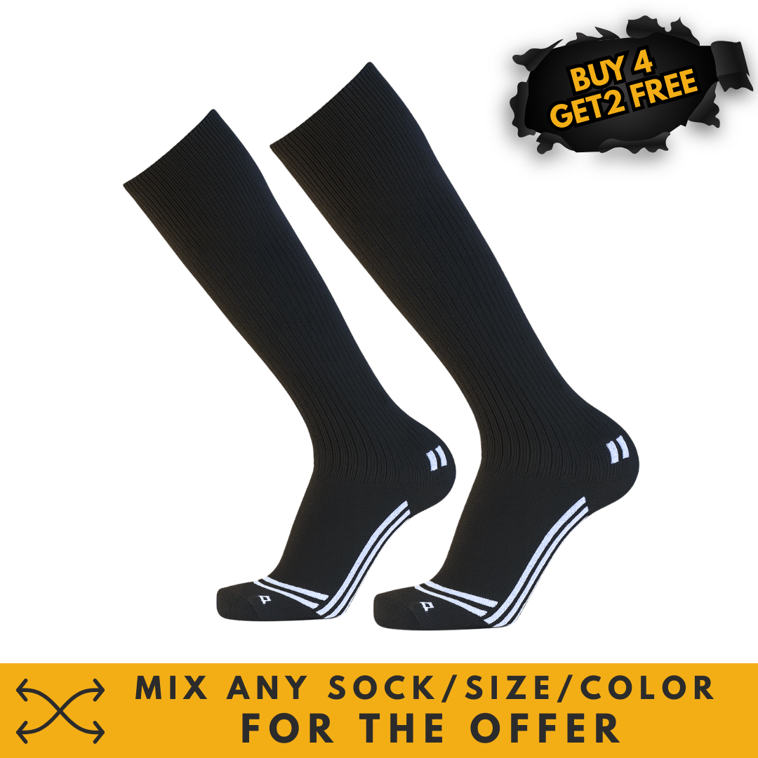 Honka 45 black compression socks on a black background with a sale offer on top and a sale element on bottom.