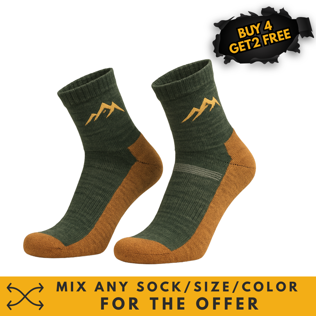 Polku 68 yellow forest green socks on a black background with a sale offer on top and a sale element on bottom.