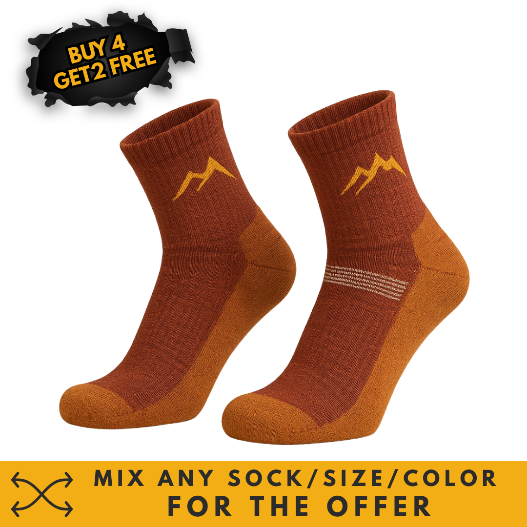 Polku 68 yellow orange socks on a black background with a sale offer on top and a sale element on bottom.
